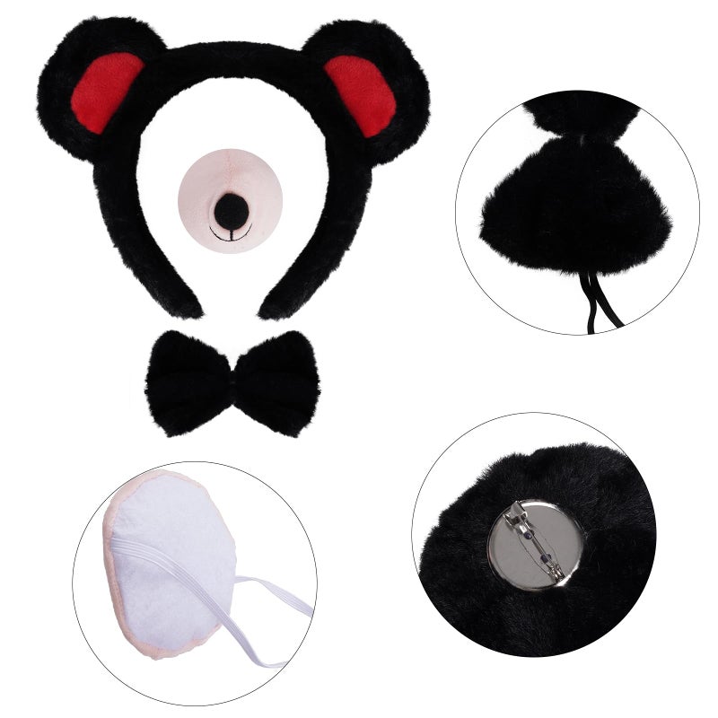 Jmkcoz 4 Pieces Bear Costume Set Bear Ears Headband and Tail Nose Bowtie for Halloween Carnival Animal Cosplay Party (Black) - Image 3